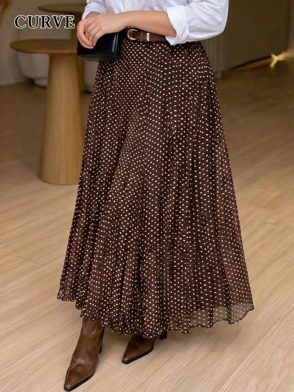 Coffee Brown Casual Women's Loose Pleated Elastic Waist Polka Dot Long Skirt
